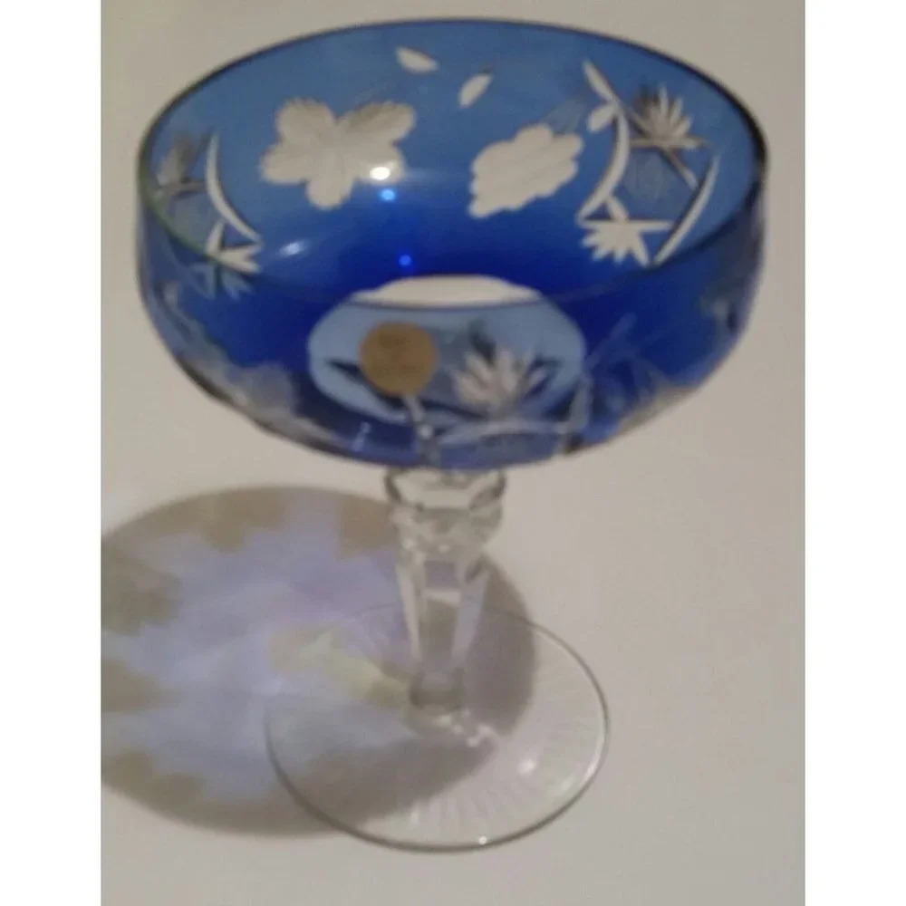 Cobalt Blue Etched Cut to CLEAR Crystal Champagne Glass Poland witg Orig Sticker